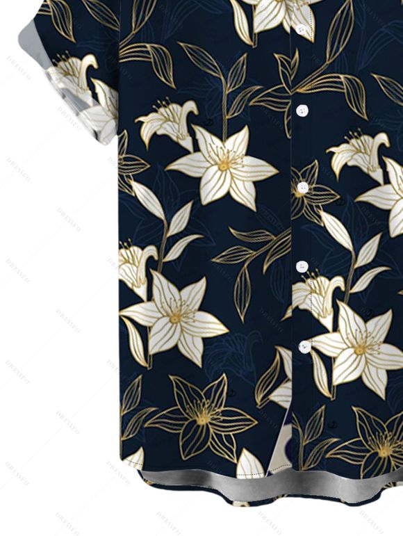 Men's Vacation Shirt Metallic Gold Lily Floral Print Button Up Shirt - Bleu de Minuit 5XL