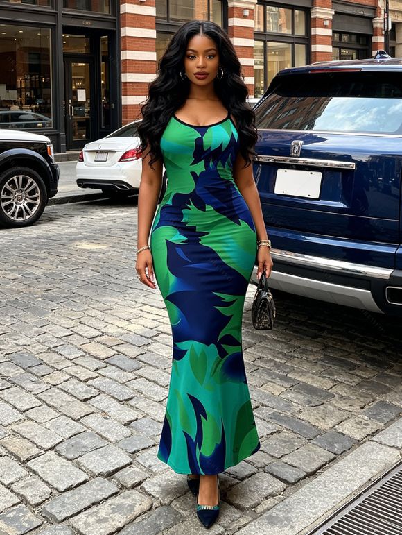 Vacation Dress Contrast Color Tropical Leaf Ink Wash Smudge Print Spaghetti Strap Maxi Bodycon Dress - Vert profond XXL | US 14