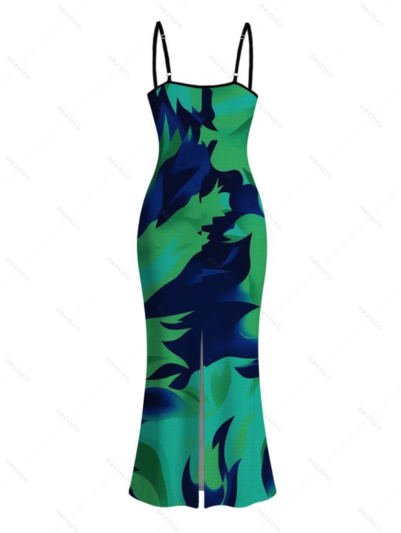 Vacation Dress Contrast Color Tropical Leaf Ink Wash Smudge Print Spaghetti Strap Maxi Bodycon Dress - Vert profond XXL | US 14