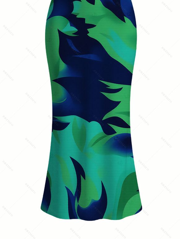 Vacation Dress Contrast Color Tropical Leaf Ink Wash Smudge Print Spaghetti Strap Maxi Bodycon Dress - Vert profond XXL | US 14