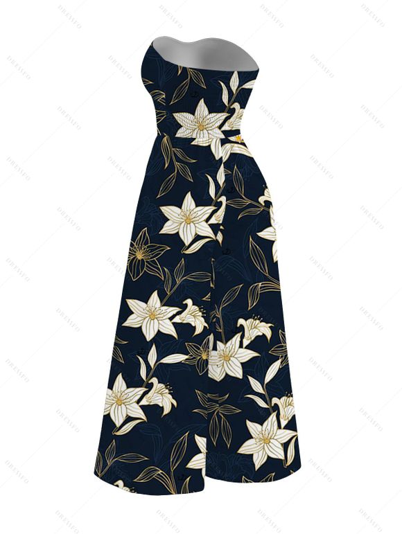 Vacation Jumpsuit Metallic Gold Lily Floral Print Pocket Bowknot Off the Shoulder Jumpsuit - Bleu de Minuit XXL | US 14