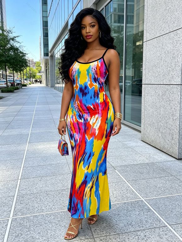 Vintage Vacation Dress Colorblock Oil Painting Tie Dye Print Spaghetti Strap Maxi Bodycon Dress - multicolor A XXL | US 14