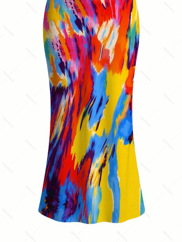 Vintage Vacation Dress Colorblock Oil Painting Tie Dye Print Spaghetti Strap Maxi Bodycon Dress - multicolor A XXL | US 14