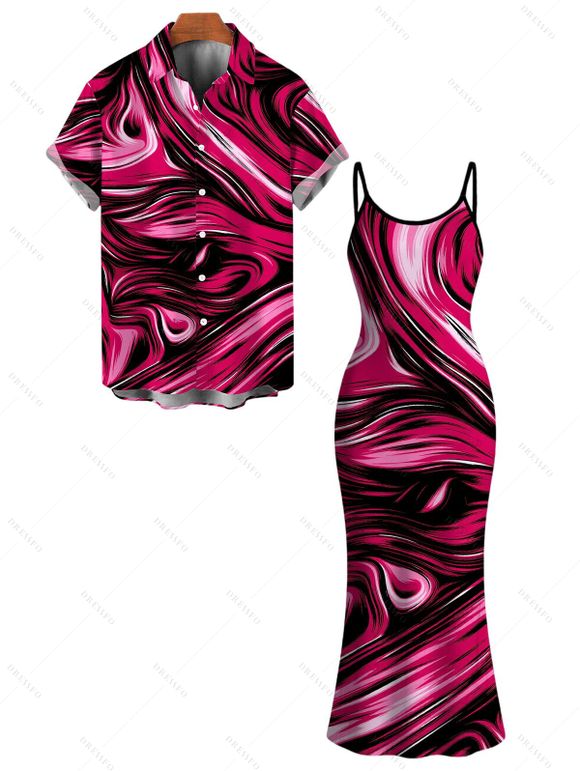 Vacation Couple Outfit Colorblock Fluid Swirl Print Spaghetti Strap Maxi Bodycon Dress and Shirt Set - Rouge Rose S | US 4