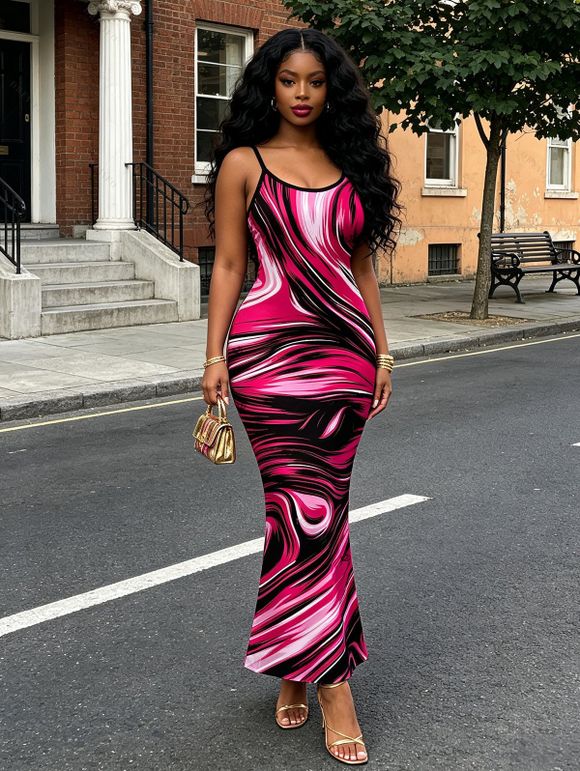 Vacation Couple Outfit Colorblock Fluid Swirl Print Spaghetti Strap Maxi Bodycon Dress and Shirt Set - Rouge Rose S | US 4