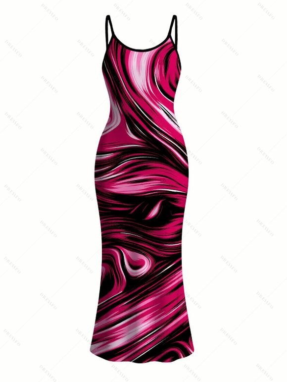 Vacation Couple Outfit Colorblock Fluid Swirl Print Spaghetti Strap Maxi Bodycon Dress and Shirt Set - Rouge Rose S | US 4