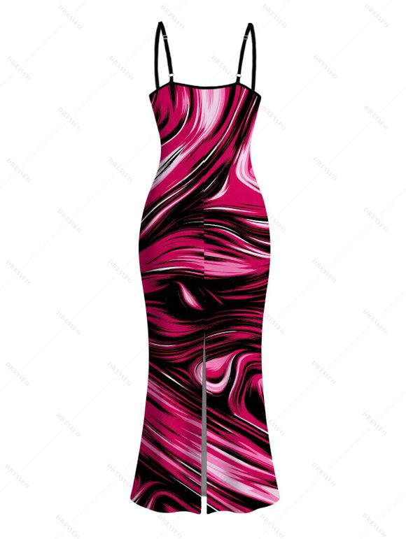Vacation Dress Colorblock Fluid Swirl Print Spaghetti Strap Maxi Bodycon Dress - Rouge Rose XXL | US 14