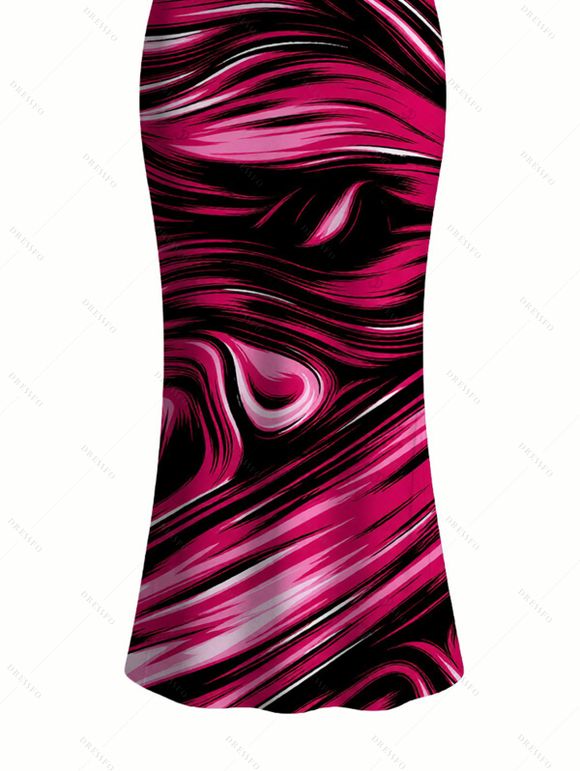 Vacation Couple Outfit Colorblock Fluid Swirl Print Spaghetti Strap Maxi Bodycon Dress and Shirt Set - Rouge Rose S | US 4