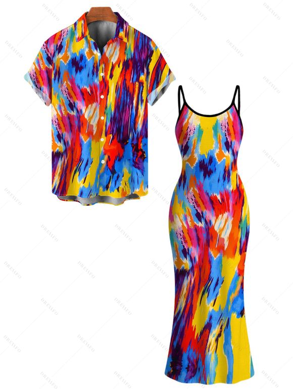 Vintage Vacation Couple Outfit Colorblock Oil Painting Tie Dye Print Spaghetti Strap Maxi Bodycon Dress and Shirt Set - multicolor A S | US 4