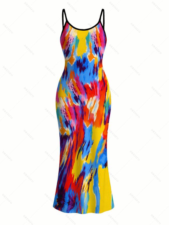 Vintage Vacation Couple Outfit Colorblock Oil Painting Tie Dye Print Spaghetti Strap Maxi Bodycon Dress and Shirt Set - multicolor A S | US 4
