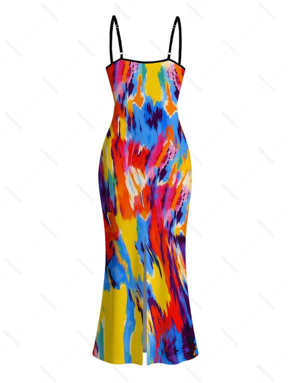 Vintage Vacation Couple Outfit Colorblock Oil Painting Tie Dye Print Spaghetti Strap Maxi Bodycon Dress and Shirt Set - multicolor A S | US 4