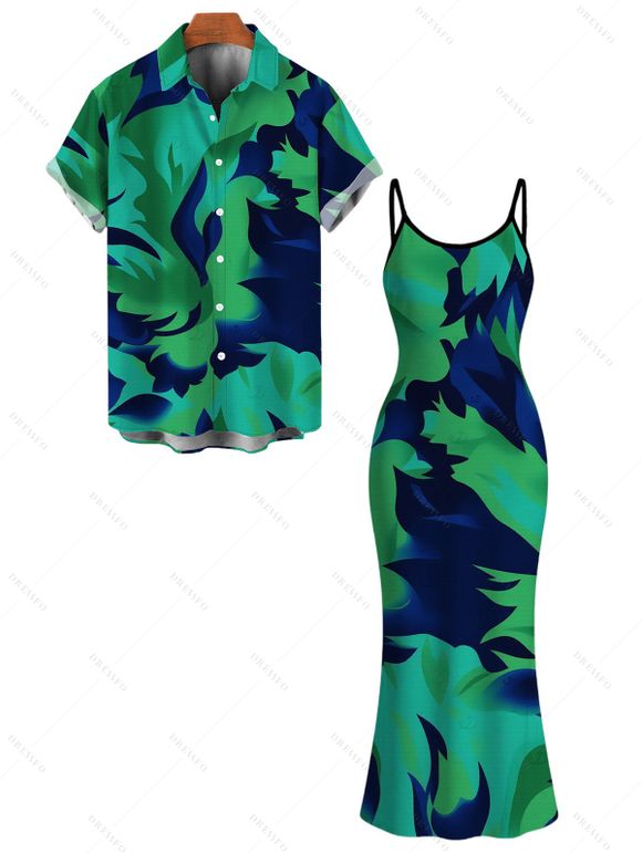 Vacation Couple Outfit Contrast Color Tropical Leaf Ink Wash Smudge Print Spaghetti Strap Maxi Bodycon Dress and Shirt Set - Vert profond S | US 4