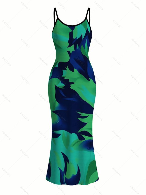 Vacation Couple Outfit Contrast Color Tropical Leaf Ink Wash Smudge Print Spaghetti Strap Maxi Bodycon Dress and Shirt Set - Vert profond S | US 4