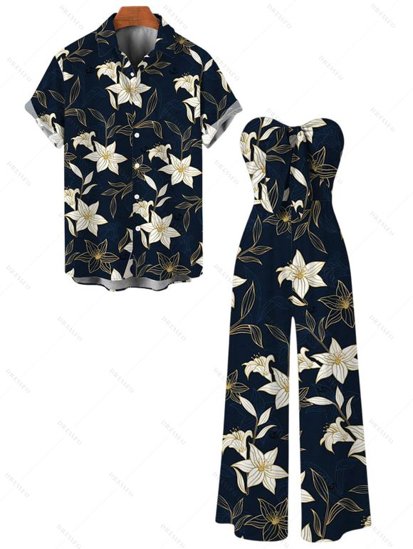 Vacation Couple Outfit Metallic Gold Lily Floral Print Pocket Bowknot Off the Shoulder Jumpsuit and Shirt Set - Bleu de Minuit S | US 4