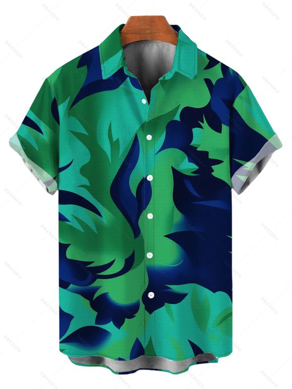 Vacation Couple Outfit Contrast Color Tropical Leaf Ink Wash Smudge Print Spaghetti Strap Maxi Bodycon Dress and Shirt Set - Vert profond S | US 4
