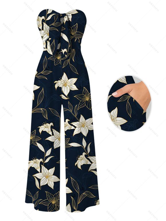 Vacation Couple Outfit Metallic Gold Lily Floral Print Pocket Bowknot Off the Shoulder Jumpsuit and Shirt Set - Bleu de Minuit S | US 4