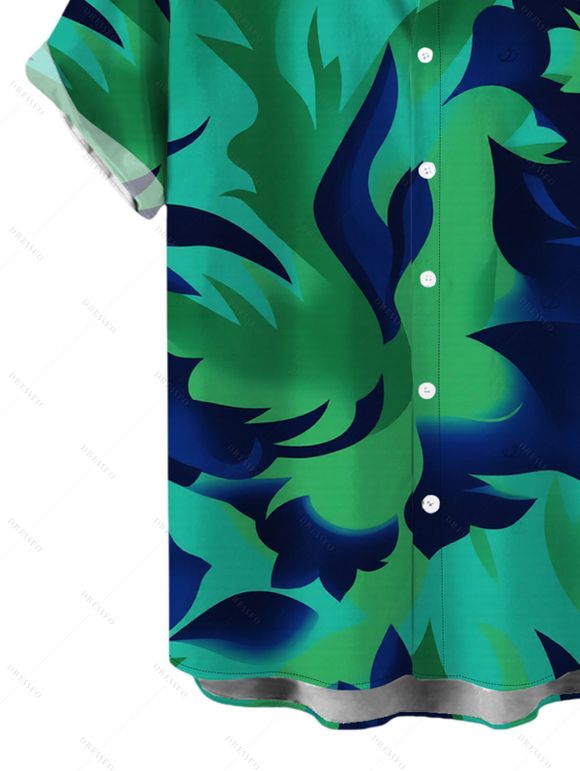 Vacation Couple Outfit Contrast Color Tropical Leaf Ink Wash Smudge Print Spaghetti Strap Maxi Bodycon Dress and Shirt Set - Vert profond S | US 4