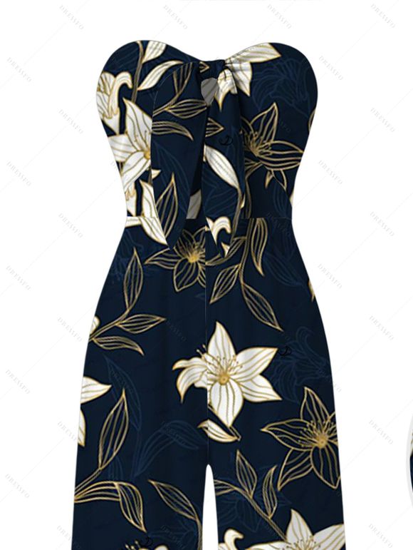 Vacation Couple Outfit Metallic Gold Lily Floral Print Pocket Bowknot Off the Shoulder Jumpsuit and Shirt Set - Bleu de Minuit S | US 4