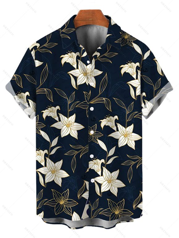 Vacation Couple Outfit Metallic Gold Lily Floral Print Pocket Bowknot Off the Shoulder Jumpsuit and Shirt Set - Bleu de Minuit S | US 4
