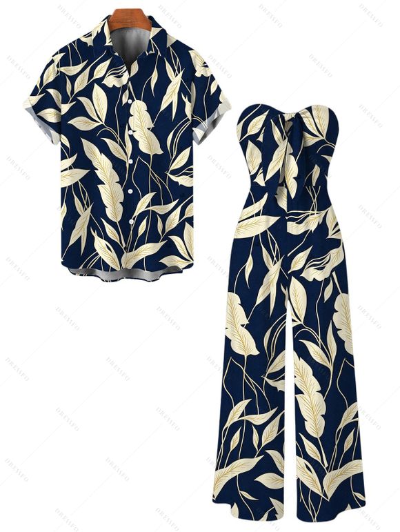 Vintage Hawaiian Couple Outfit Tropical Leaf Print Pocket Bowknot Off the Shoulder Jumpsuit and Shirt Set - Cadetblue S | US 4