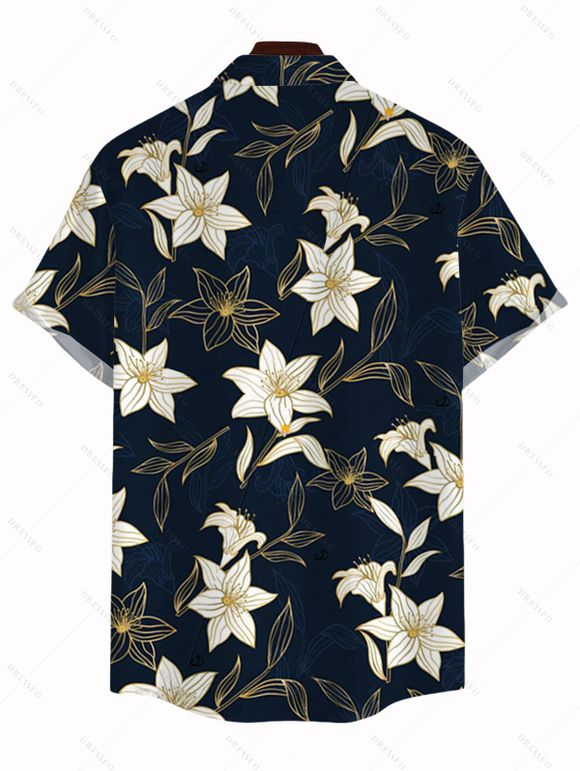 Vacation Couple Outfit Metallic Gold Lily Floral Print Pocket Bowknot Off the Shoulder Jumpsuit and Shirt Set - Bleu de Minuit S | US 4