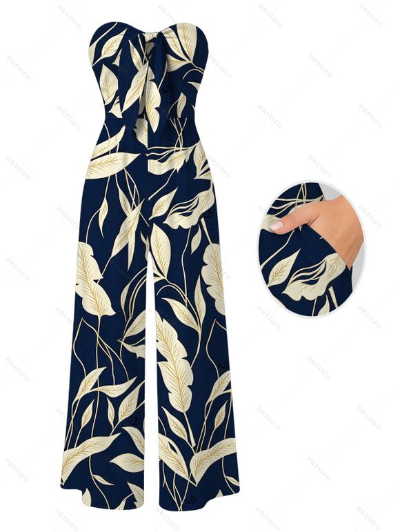 Vintage Hawaiian Couple Outfit Tropical Leaf Print Pocket Bowknot Off the Shoulder Jumpsuit and Shirt Set - Cadetblue S | US 4