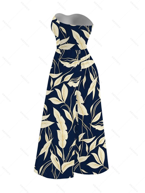 Vintage Hawaiian Couple Outfit Tropical Leaf Print Pocket Bowknot Off the Shoulder Jumpsuit and Shirt Set - Cadetblue S | US 4