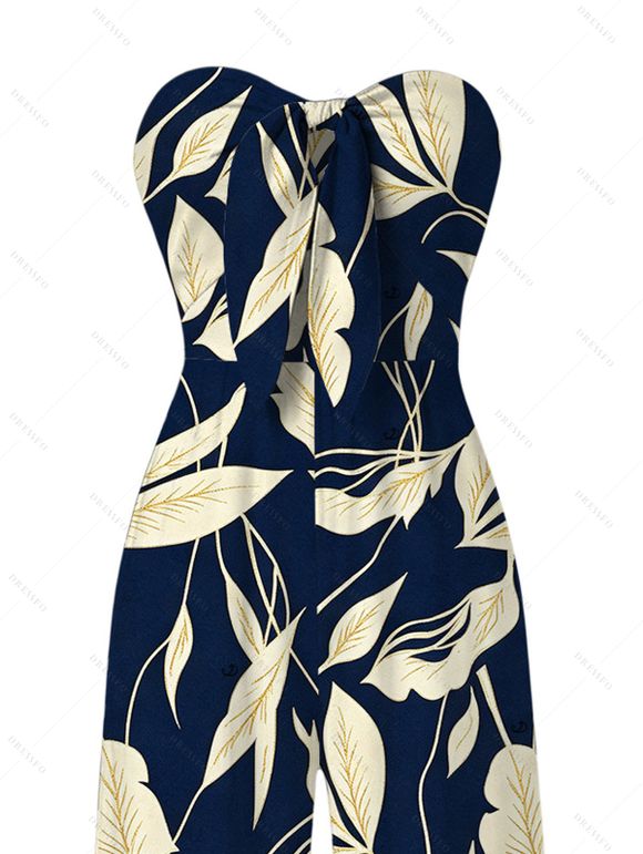 Vintage Hawaiian Couple Outfit Tropical Leaf Print Pocket Bowknot Off the Shoulder Jumpsuit and Shirt Set - Cadetblue S | US 4