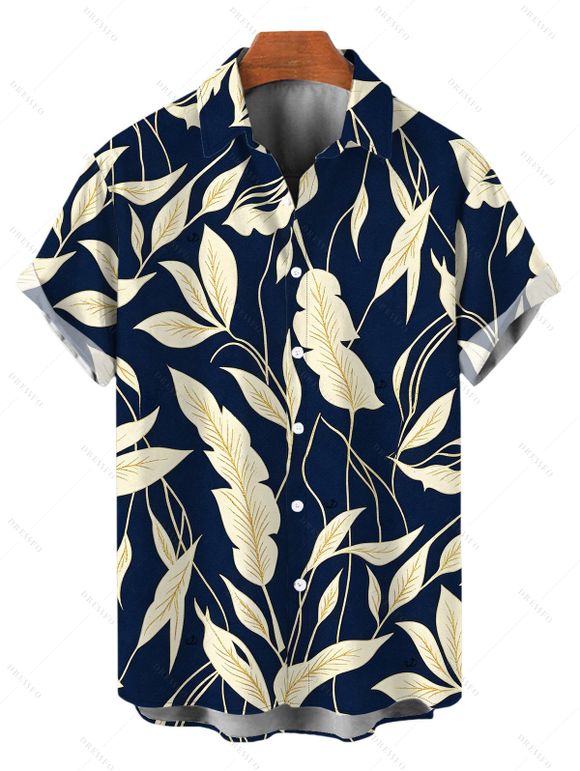 Vintage Hawaiian Couple Outfit Tropical Leaf Print Pocket Bowknot Off the Shoulder Jumpsuit and Shirt Set - Cadetblue S | US 4