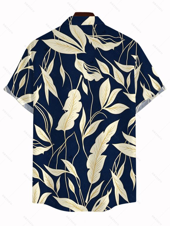 Vintage Hawaiian Couple Outfit Tropical Leaf Print Pocket Bowknot Off the Shoulder Jumpsuit and Shirt Set - Cadetblue S | US 4