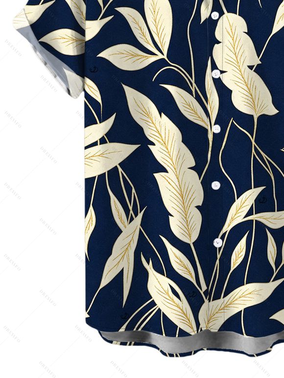 Vintage Hawaiian Couple Outfit Tropical Leaf Print Pocket Bowknot Off the Shoulder Jumpsuit and Shirt Set - Cadetblue S | US 4