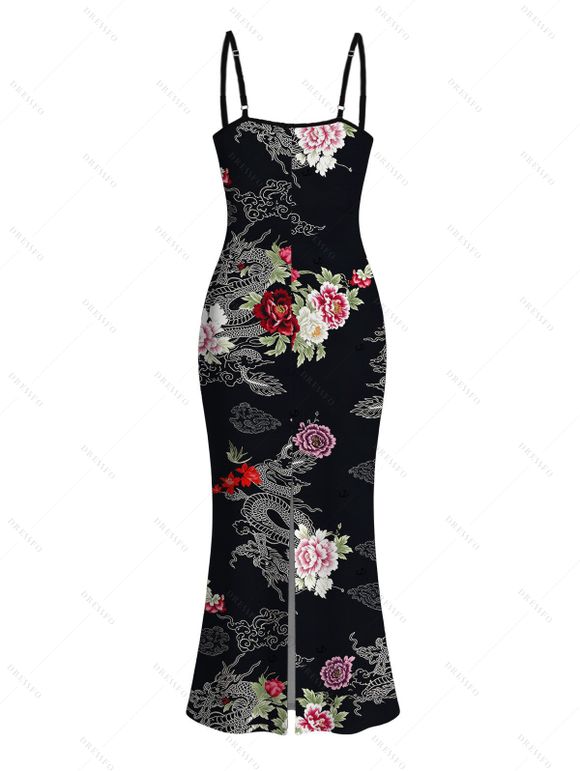 Vacation Dress Chinese Style Shimmer Dragon Cloud Peony Floral Print Spaghetti Strap Maxi Bodycon Dress - Noir XXL | US 14