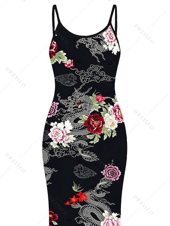 Vacation Dress Chinese Style Shimmer Dragon Cloud Peony Floral Print Spaghetti Strap Maxi Bodycon Dress - Noir XXL | US 14