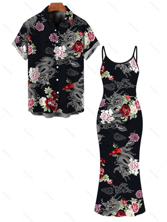 Vacation Couple Outfit Shimmer Dragon Cloud Peony Floral Print Spaghetti Strap Maxi Bodycon Dress and Shirt Set - Noir S | US 4