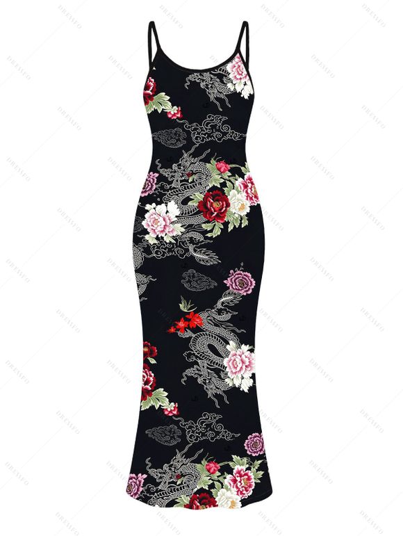 Vacation Couple Outfit Shimmer Dragon Cloud Peony Floral Print Spaghetti Strap Maxi Bodycon Dress and Shirt Set - Noir S | US 4