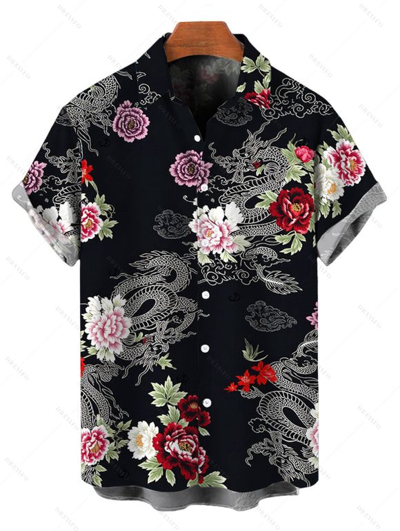 Vacation Couple Outfit Shimmer Dragon Cloud Peony Floral Print Spaghetti Strap Maxi Bodycon Dress and Shirt Set - Noir S | US 4