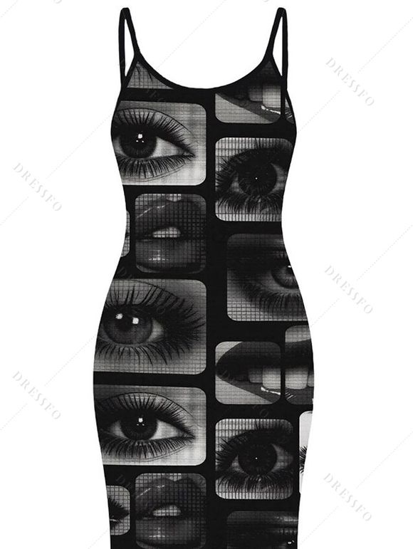 Gothic Dress Eyes Lips Checkered Collage Patchwork Print Spaghetti Strap Maxi Bodycon Dress - Noir XXL | US 14