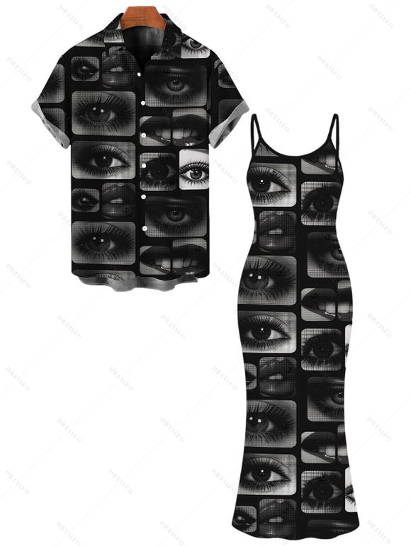 Gothic Couple Outfit Eyes Lips Checkered Collage Patchwork Print Spaghetti Strap Maxi Bodycon Dress and Shirt Set - Noir S | US 4