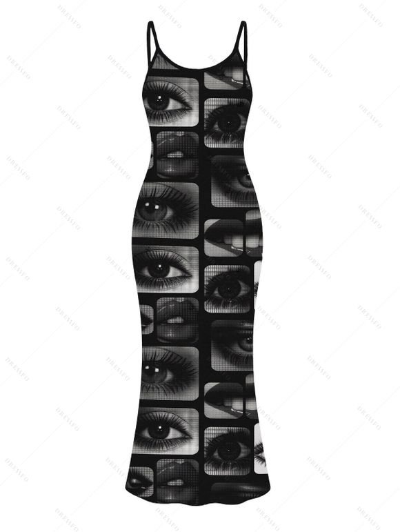 Gothic Couple Outfit Eyes Lips Checkered Collage Patchwork Print Spaghetti Strap Maxi Bodycon Dress and Shirt Set - Noir S | US 4