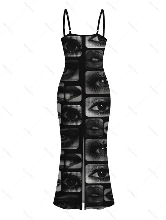 Gothic Couple Outfit Eyes Lips Checkered Collage Patchwork Print Spaghetti Strap Maxi Bodycon Dress and Shirt Set - Noir S | US 4