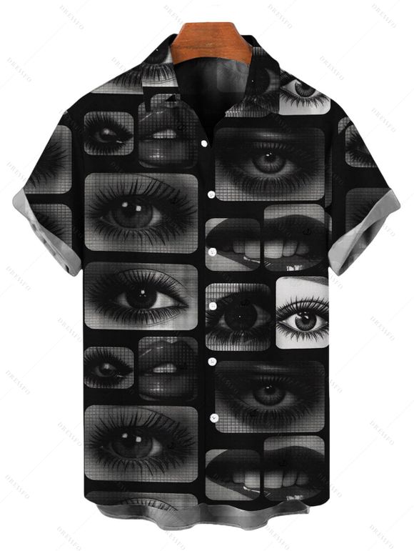 Gothic Couple Outfit Eyes Lips Checkered Collage Patchwork Print Spaghetti Strap Maxi Bodycon Dress and Shirt Set - Noir S | US 4