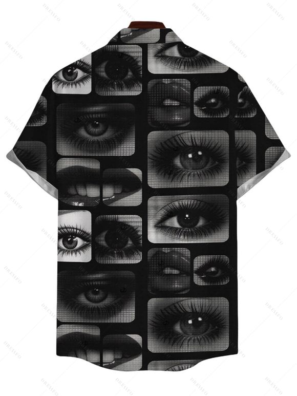 Gothic Couple Outfit Eyes Lips Checkered Collage Patchwork Print Spaghetti Strap Maxi Bodycon Dress and Shirt Set - Noir S | US 4
