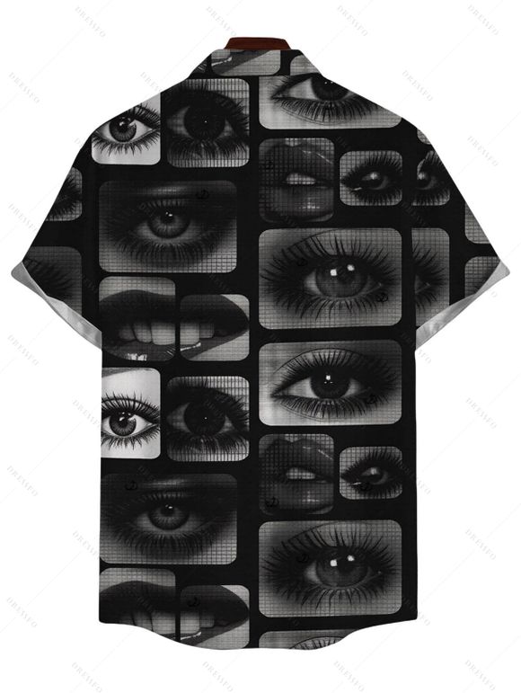 Men's Gothic Shirt Eyes Lips Checkered Collage Patchwork Print Button Up Shirt - Noir 5XL
