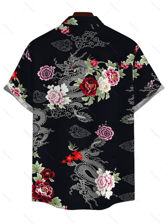 Men's Vacation Shirt Chinese Style Shimmer Dragon Cloud Peony Floral Print Button Up Shirt - Noir 5XL