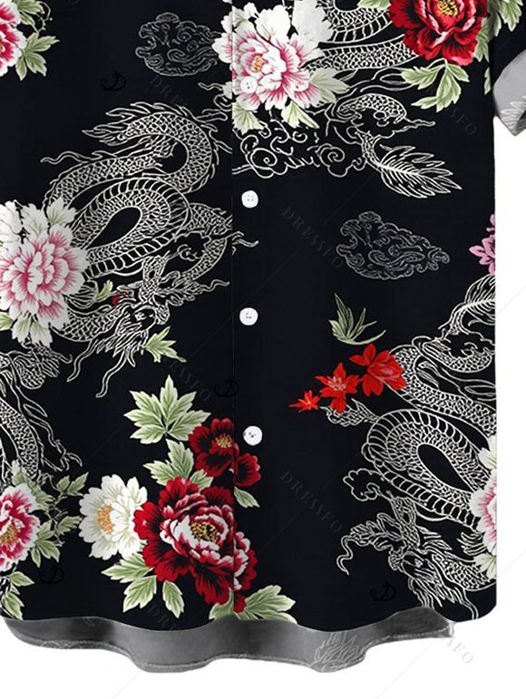 Men's Vacation Shirt Chinese Style Shimmer Dragon Cloud Peony Floral Print Button Up Shirt - Noir 5XL