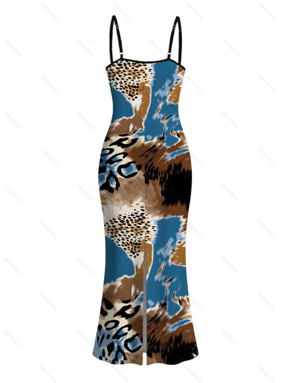 Vacation Dress Colorblock Leopard Print Spaghetti Strap Maxi Bodycon Dress - multicolor XXL | US 14
