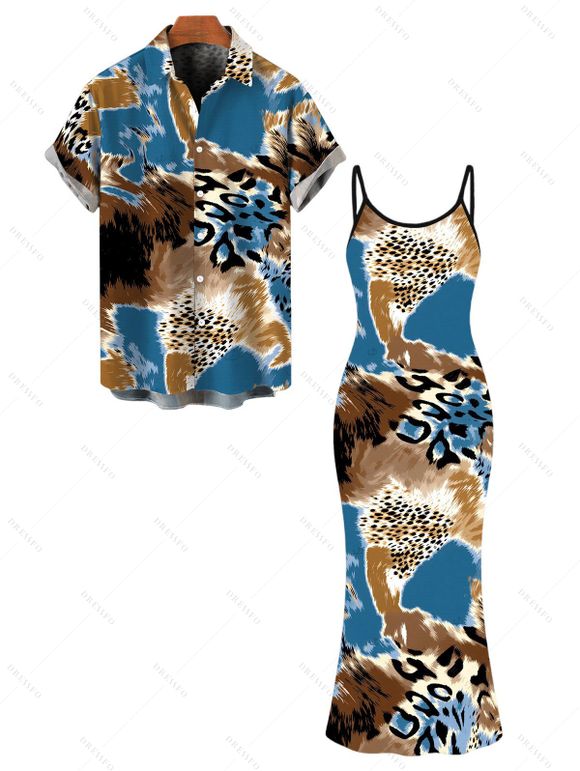 Vacation Couple Outfit Colorblock Leopard Print Spaghetti Strap Maxi Bodycon Dress and Shirt Set - multicolor S | US 4