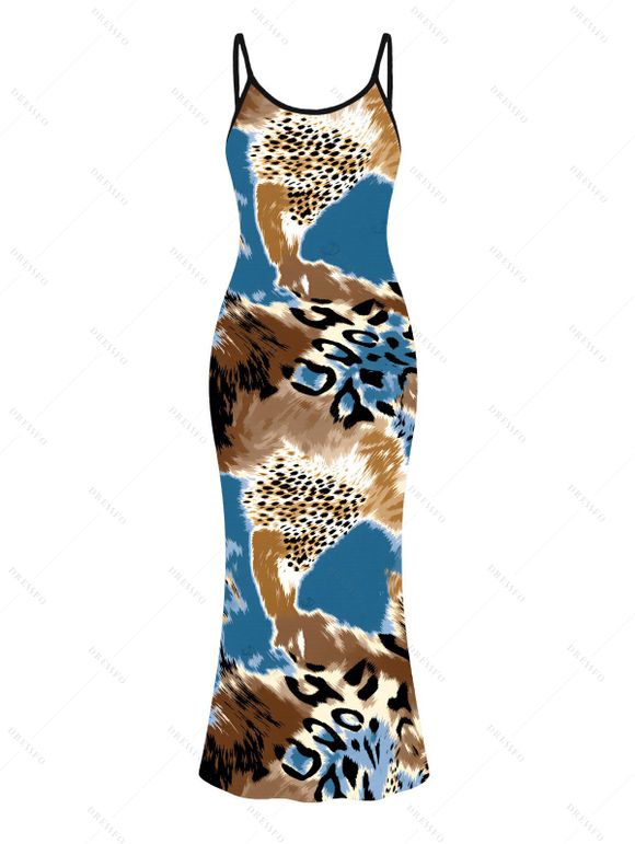Vacation Couple Outfit Colorblock Leopard Print Spaghetti Strap Maxi Bodycon Dress and Shirt Set - multicolor S | US 4