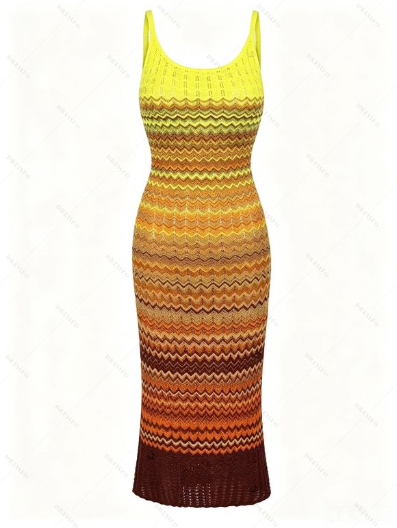 Vintage Knitted Dress Ombre Wave Print Spaghetti Strap Maxi Bodycon Dress - multicolor ONE SIZE