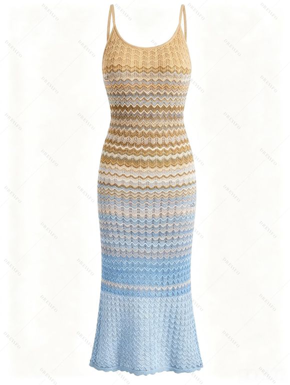 Vintage Knitted Dress Ombre Wave Print Spaghetti Strap Maxi Bodycon Dress - Bleu ONE SIZE